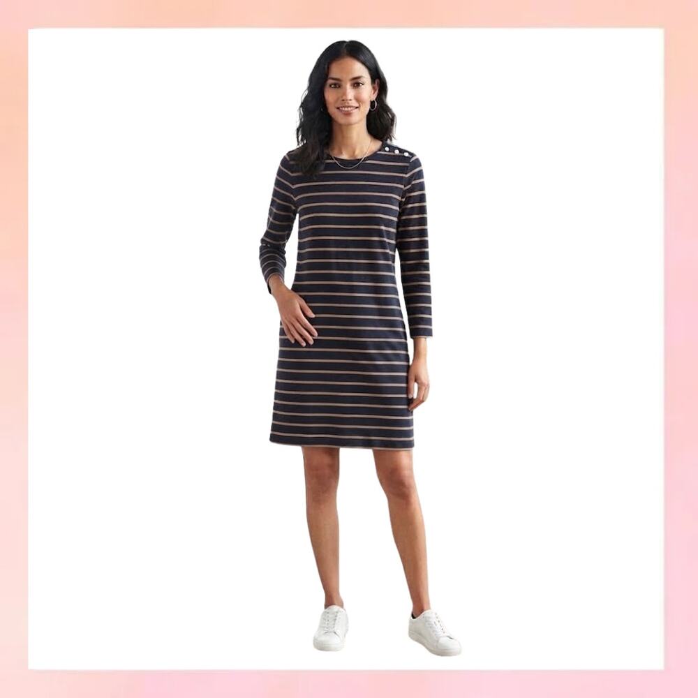 J.Crew Black & Tan Striped Long Sleeve Boatneck Midi T-Shirt Dress Size S